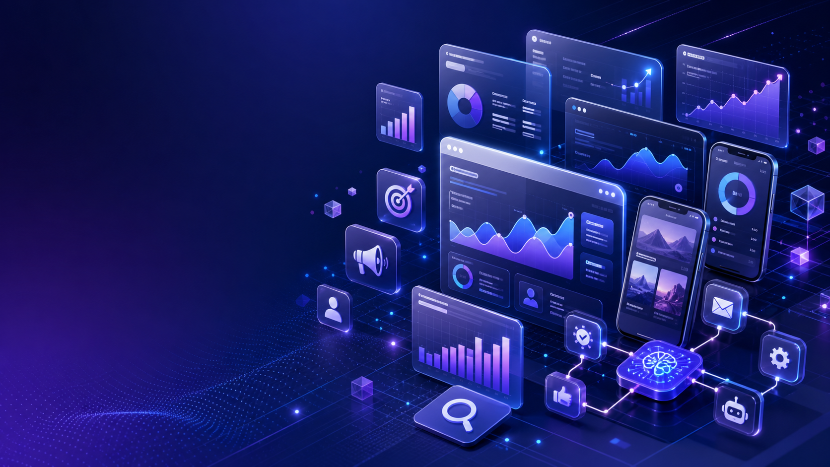 Digital growth dashboards and automation graphics